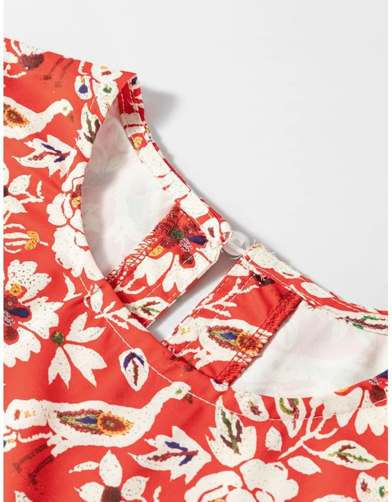 Red Colorful Floral Patchwork Long Sleeve Pleated Mini Dress