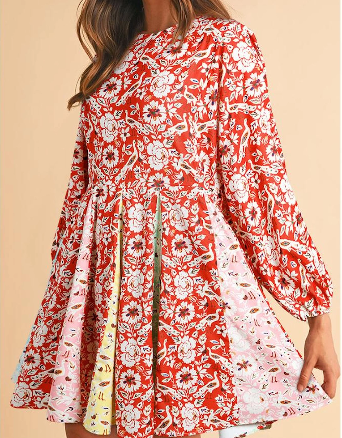 Red Colorful Floral Patchwork Long Sleeve Pleated Mini Dress