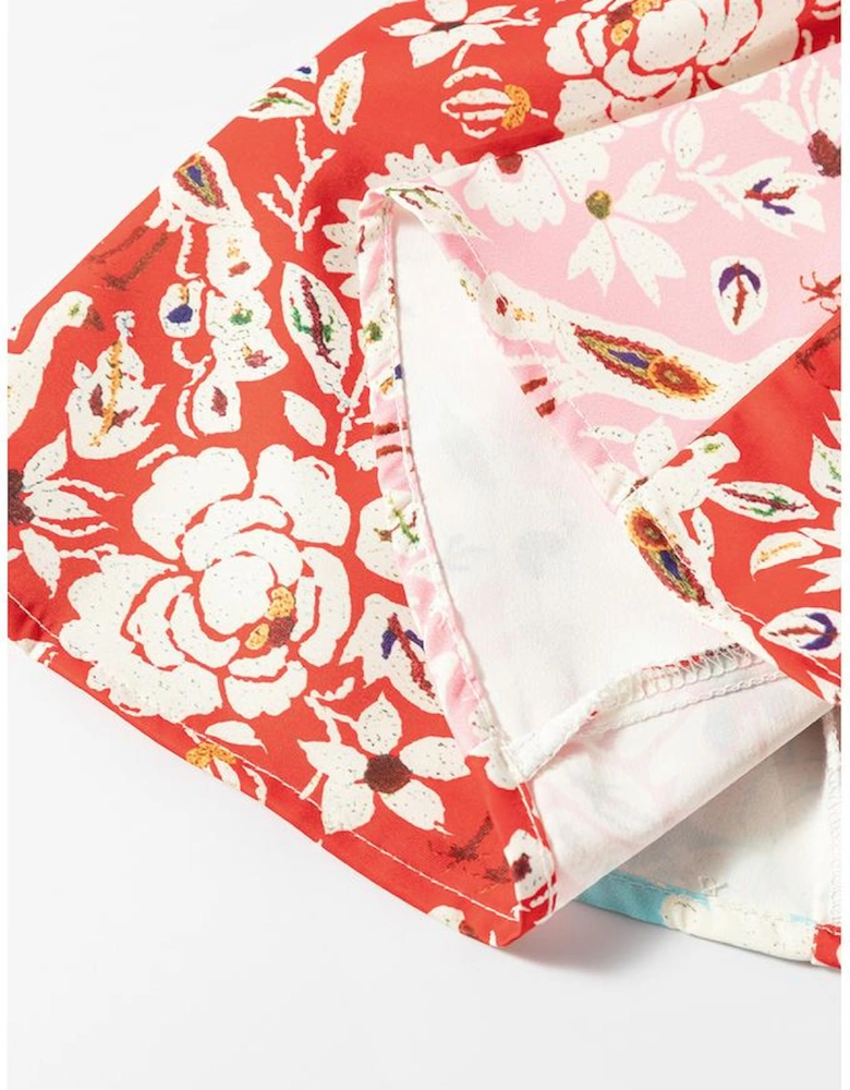 Red Colorful Floral Patchwork Long Sleeve Pleated Mini Dress