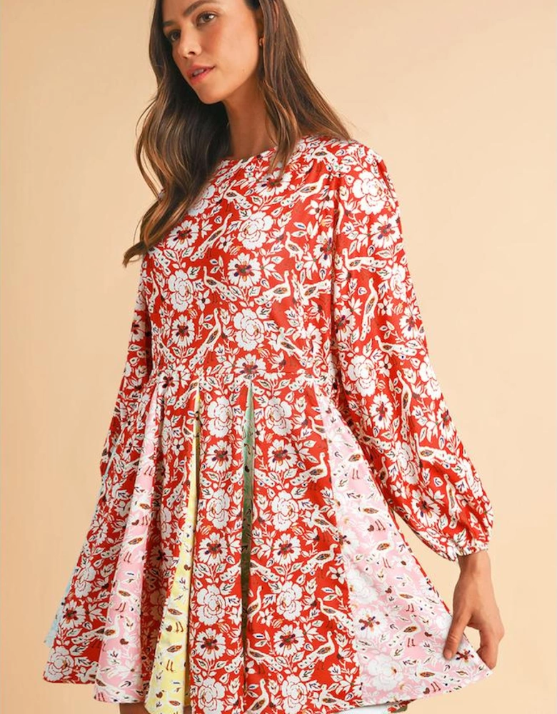 Red Colorful Floral Patchwork Long Sleeve Pleated Mini Dress