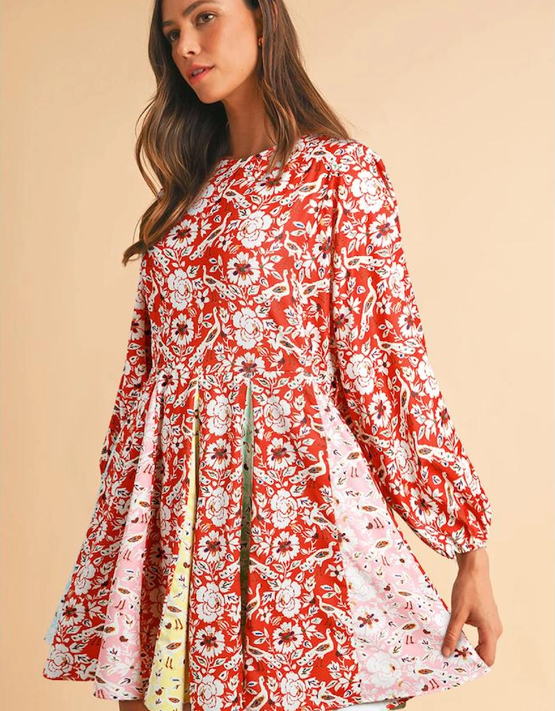 Red Colorful Floral Patchwork Long Sleeve Pleated Mini Dress