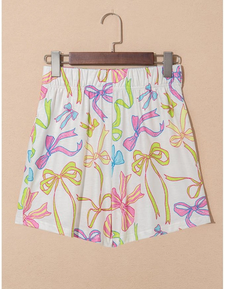 White Cheerful Bow Print Elastic Pull On Casual Shorts