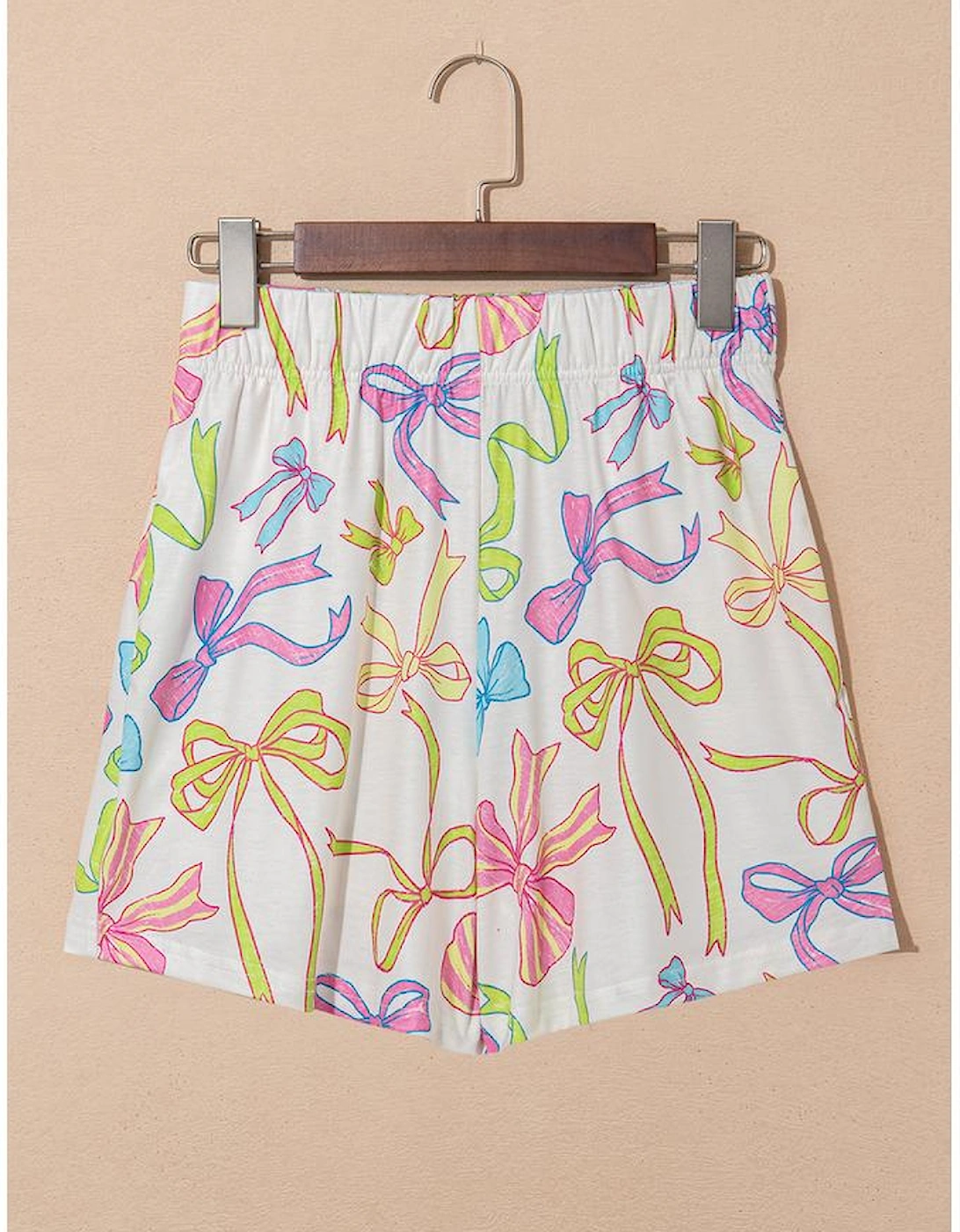 White Cheerful Bow Print Elastic Pull On Casual Shorts