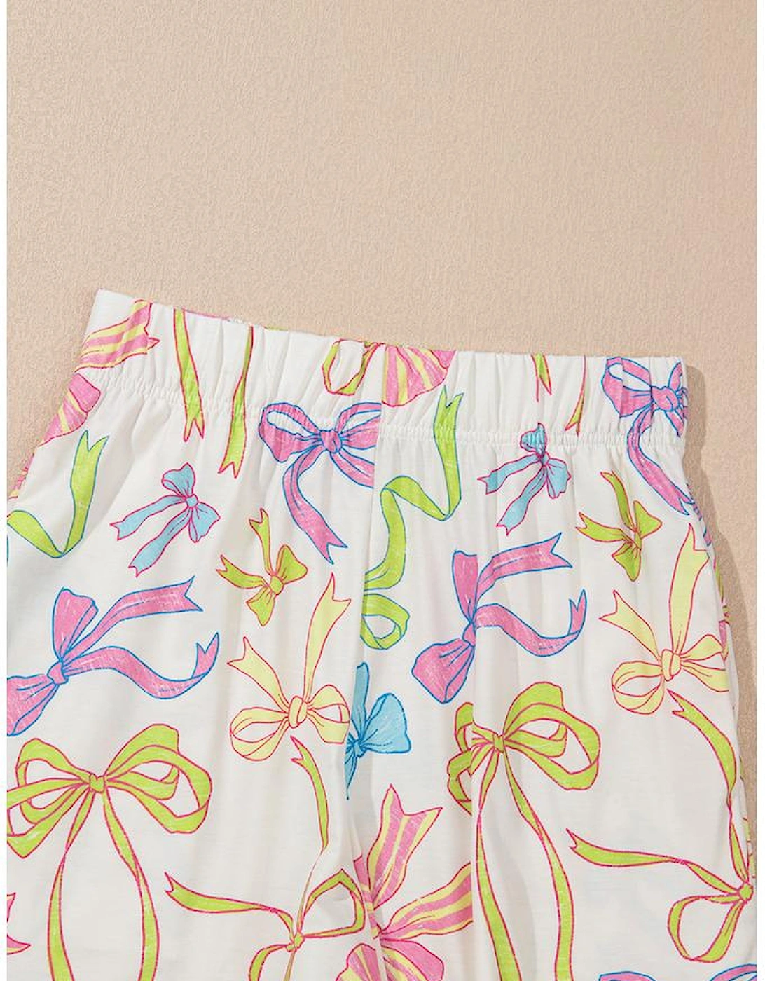 White Cheerful Bow Print Elastic Pull On Casual Shorts