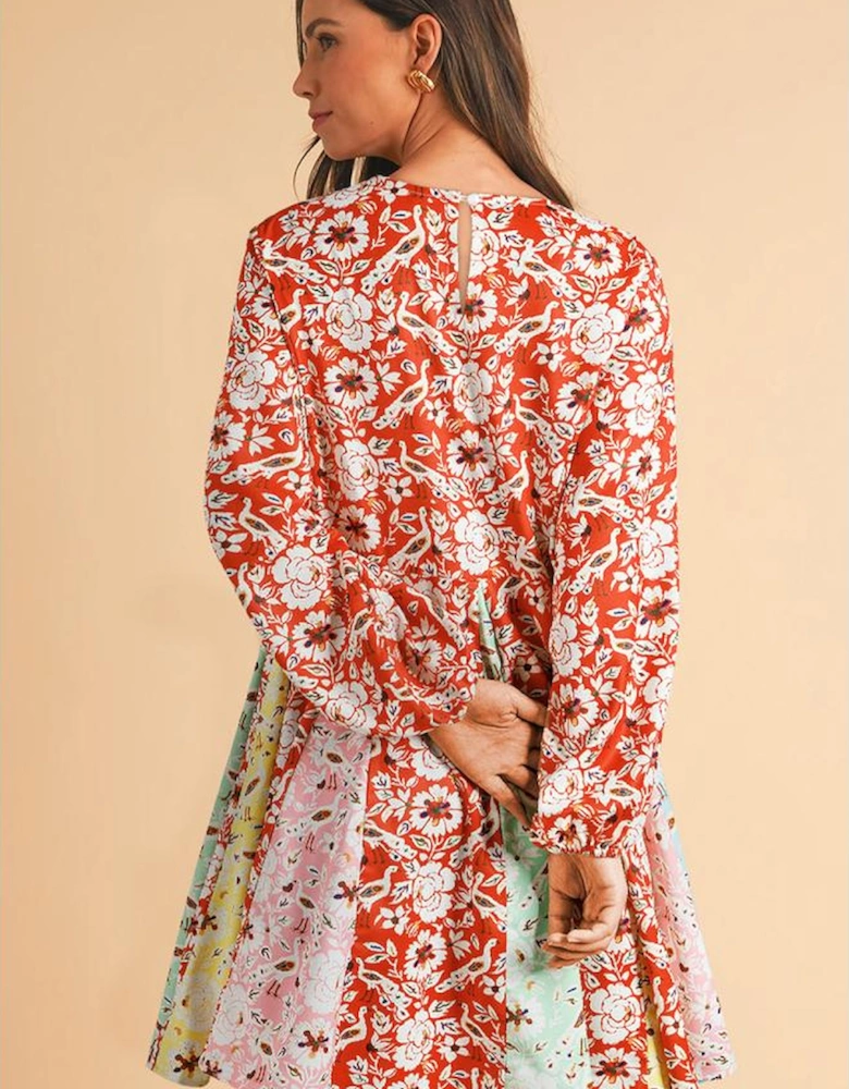 Red Colorful Floral Patchwork Long Sleeve Pleated Mini Dress