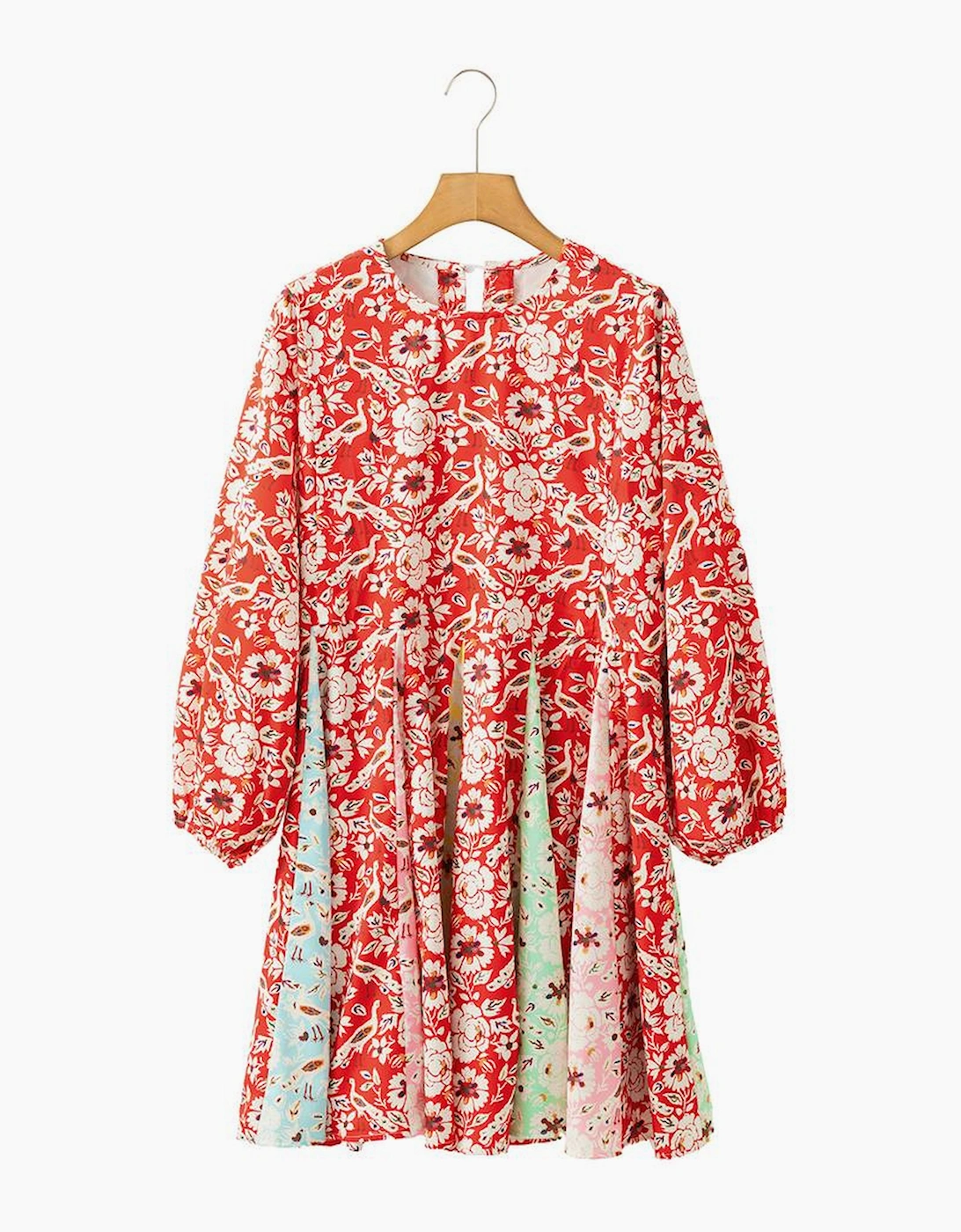 Red Colorful Floral Patchwork Long Sleeve Pleated Mini Dress