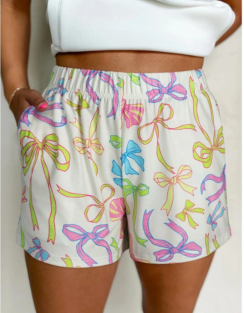 White Cheerful Bow Print Elastic Pull On Casual Shorts