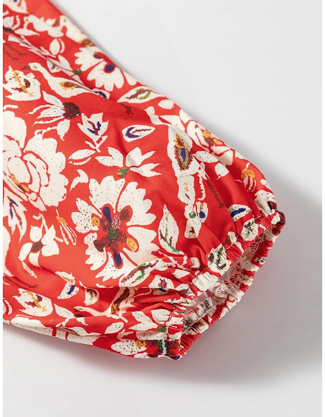 Red Colorful Floral Patchwork Long Sleeve Pleated Mini Dress