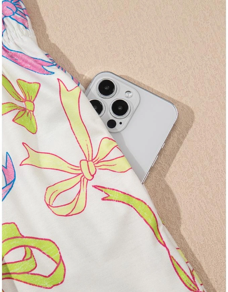 White Cheerful Bow Print Elastic Pull On Casual Shorts