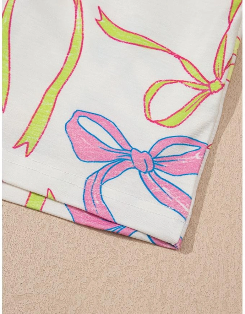 White Cheerful Bow Print Elastic Pull On Casual Shorts
