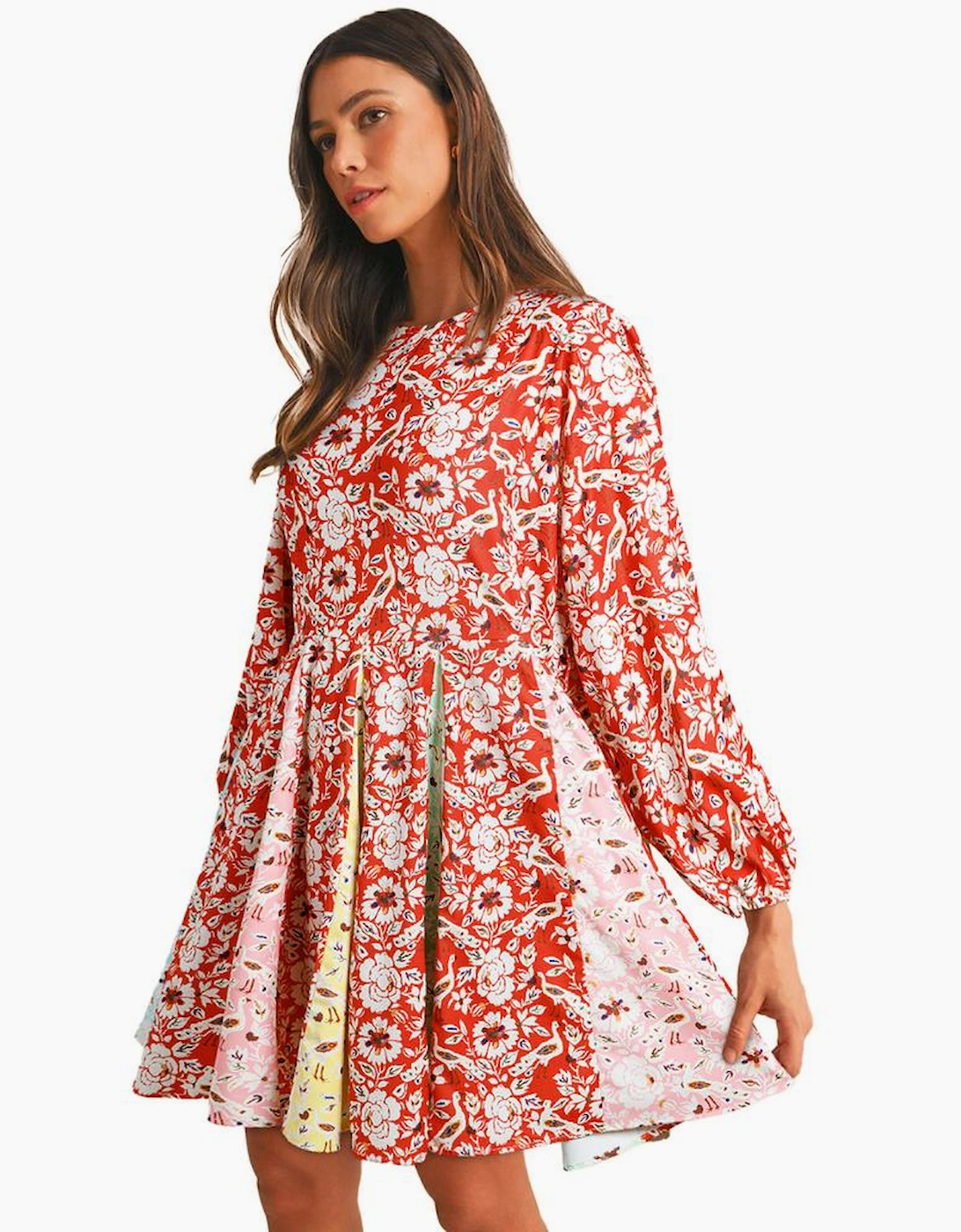 Red Colorful Floral Patchwork Long Sleeve Pleated Mini Dress