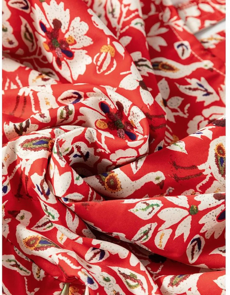 Red Colorful Floral Patchwork Long Sleeve Pleated Mini Dress