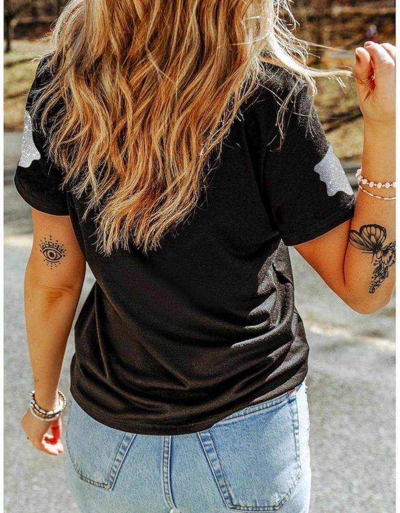 Black Glitter Ghost Pattern Crew Neck Halloween T Shirt