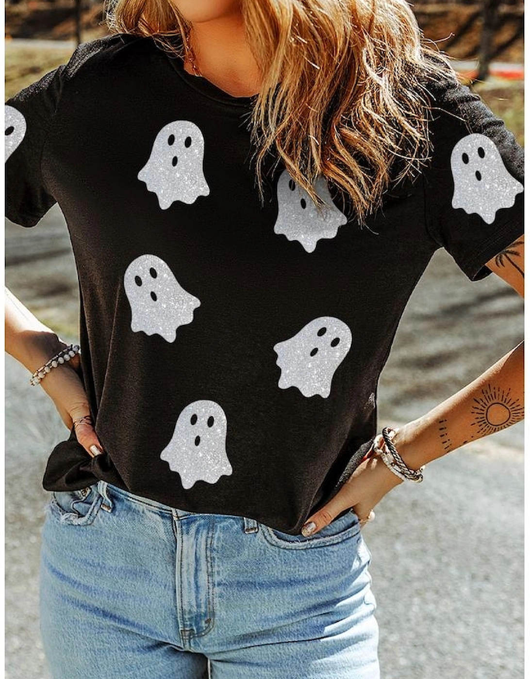 Black Glitter Ghost Pattern Crew Neck Halloween T Shirt, 7 of 6