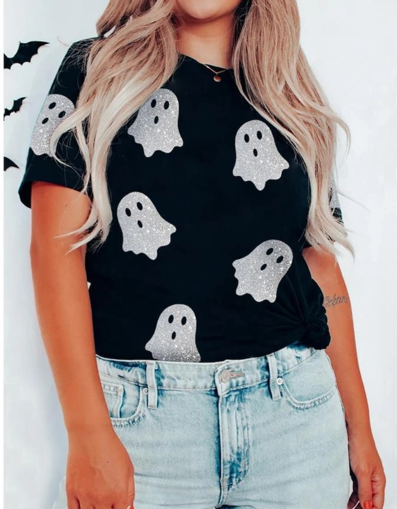 Black Glitter Ghost Pattern Crew Neck Halloween T Shirt