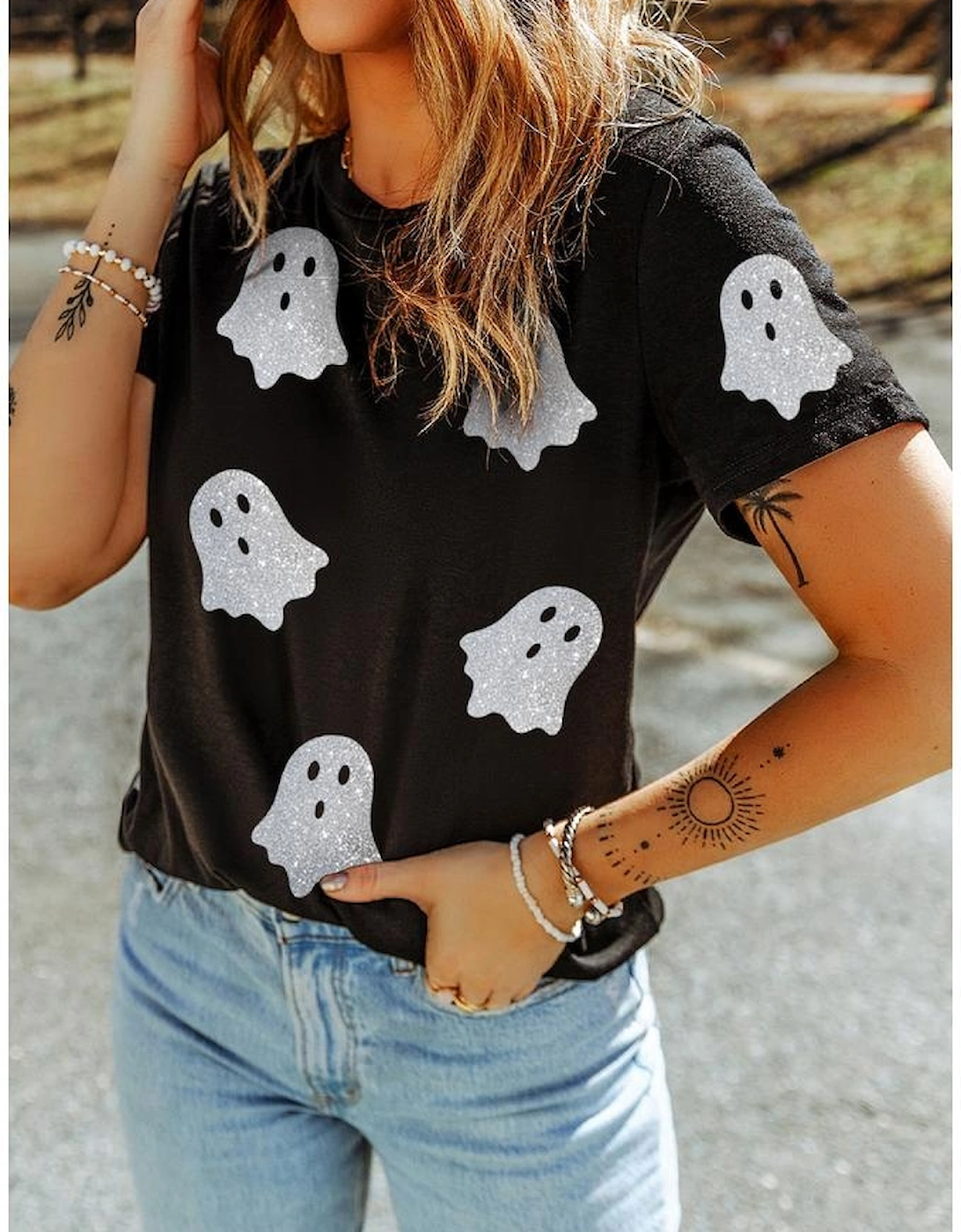 Black Glitter Ghost Pattern Crew Neck Halloween T Shirt