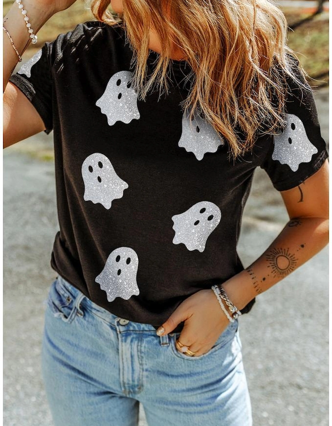 Black Glitter Ghost Pattern Crew Neck Halloween T Shirt