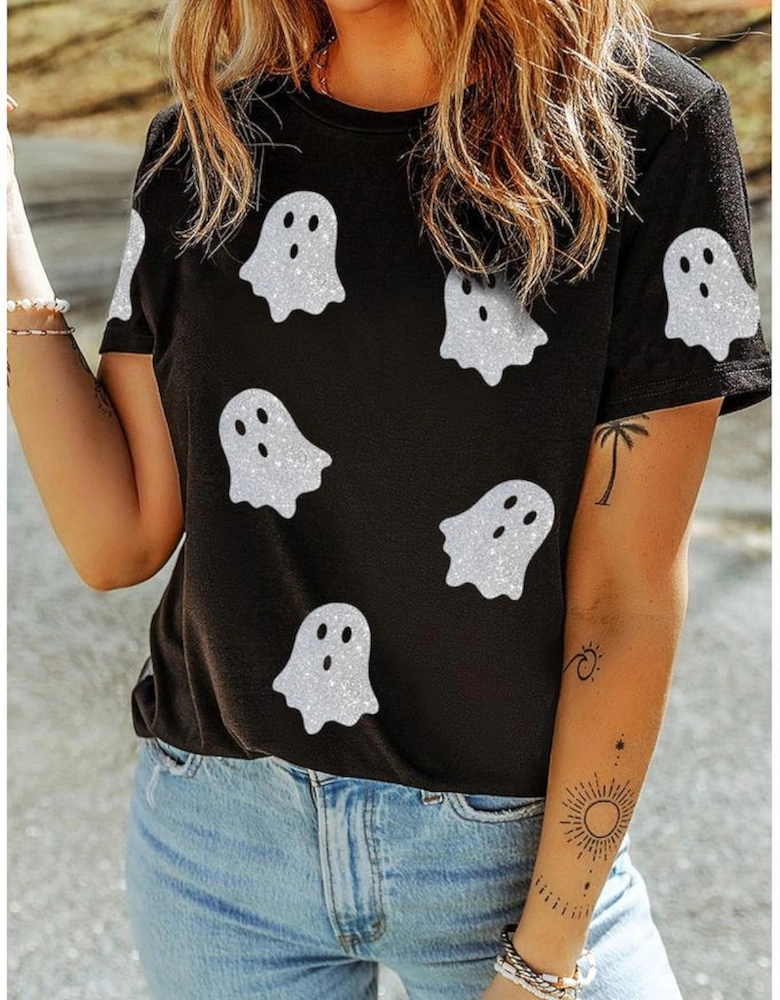 Black Glitter Ghost Pattern Crew Neck Halloween T Shirt