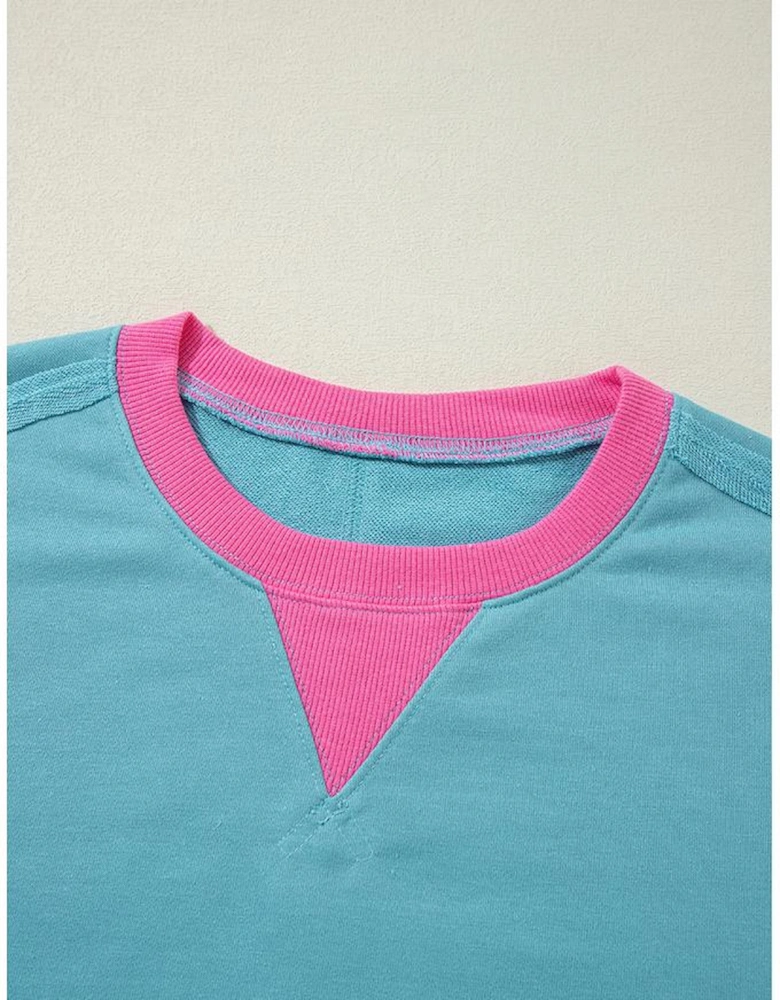 Light Blue Colorblock Patchwork Crew Neck Loose Sweatshirt
