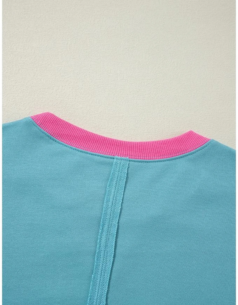 Light Blue Colorblock Patchwork Crew Neck Loose Sweatshirt