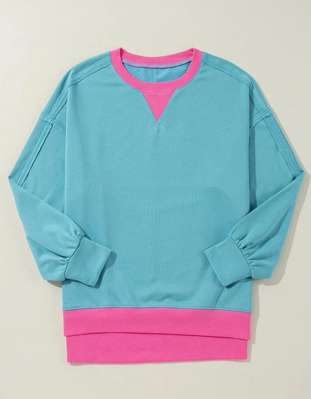 Light Blue Colorblock Patchwork Crew Neck Loose Sweatshirt