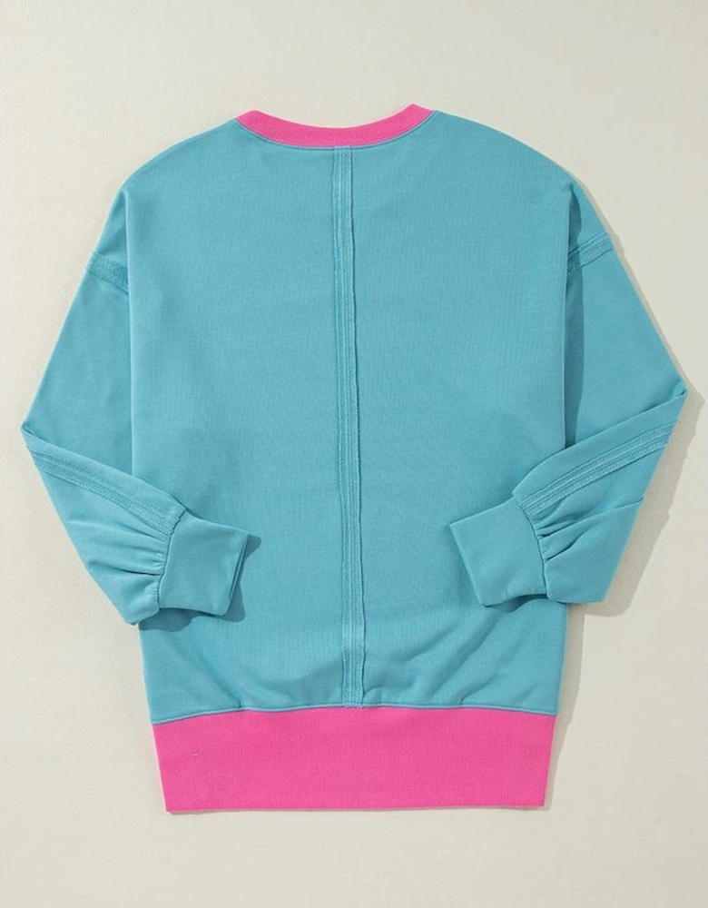 Light Blue Colorblock Patchwork Crew Neck Loose Sweatshirt