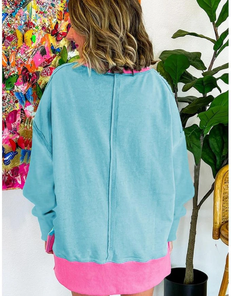 Light Blue Colorblock Patchwork Crew Neck Loose Sweatshirt