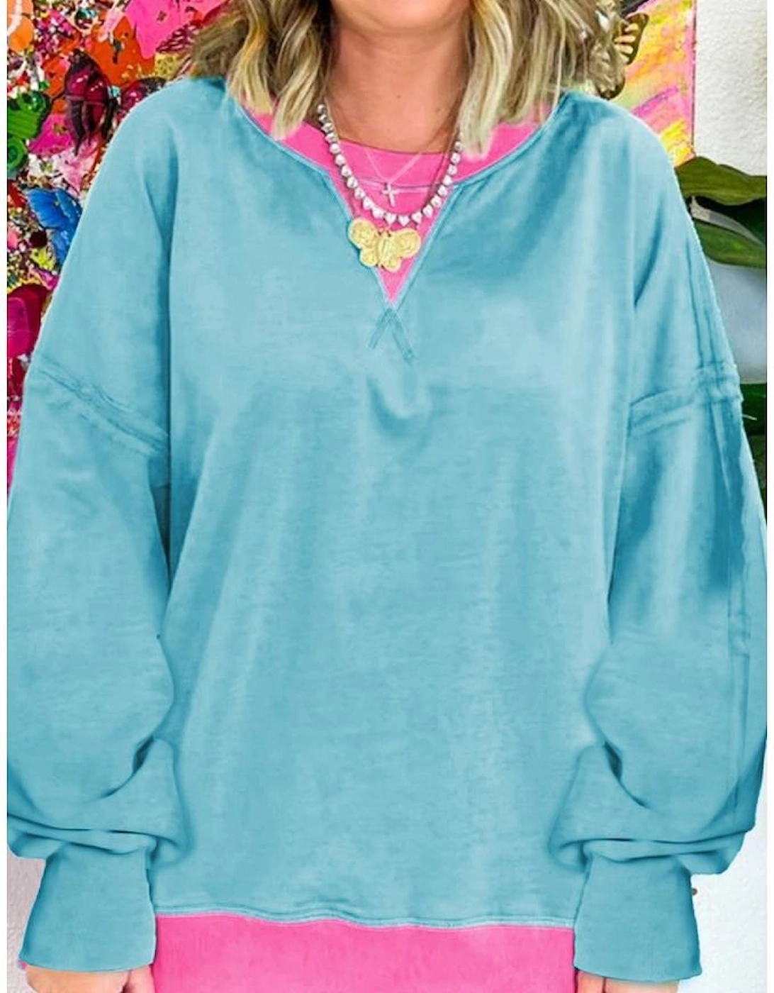 Light Blue Colorblock Patchwork Crew Neck Loose Sweatshirt