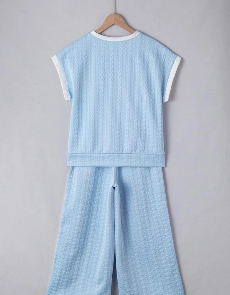 Beau Blue Textured Colorblock Edge Tank Top High Waist Pants Set