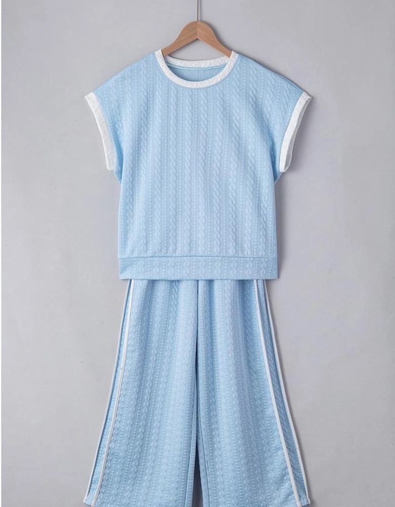 Beau Blue Textured Colorblock Edge Tank Top High Waist Pants Set