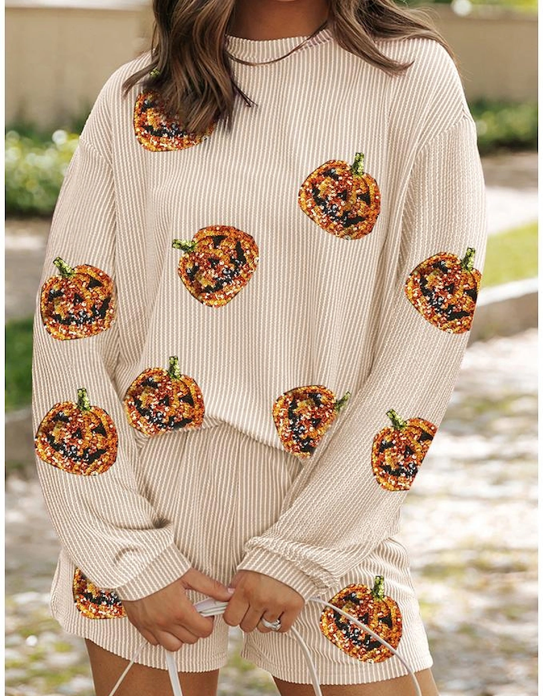 Parchment Halloween Sequin Pumpkin Corded Two Piece Shorts Set, 3 of 2