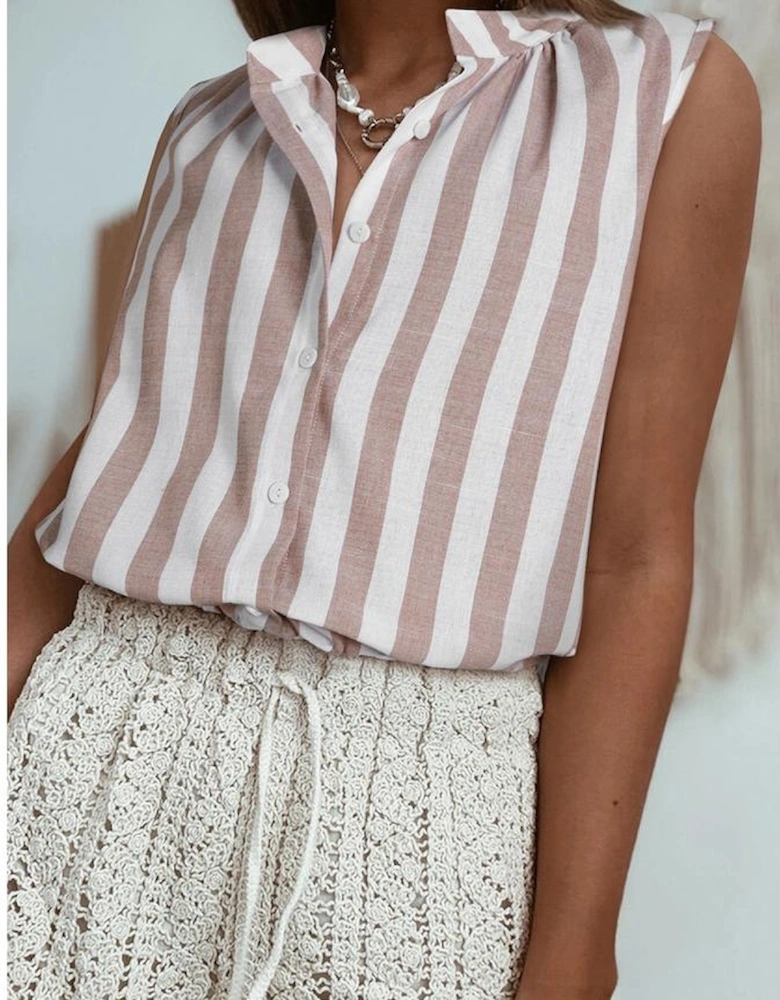 Khaki Stripe Casual Button Down Sleeveless Shirt