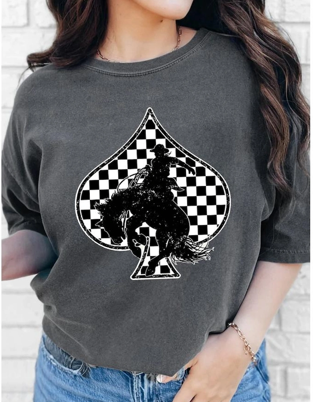 Gray Redeo Check Spades Western Graphic T Shirt