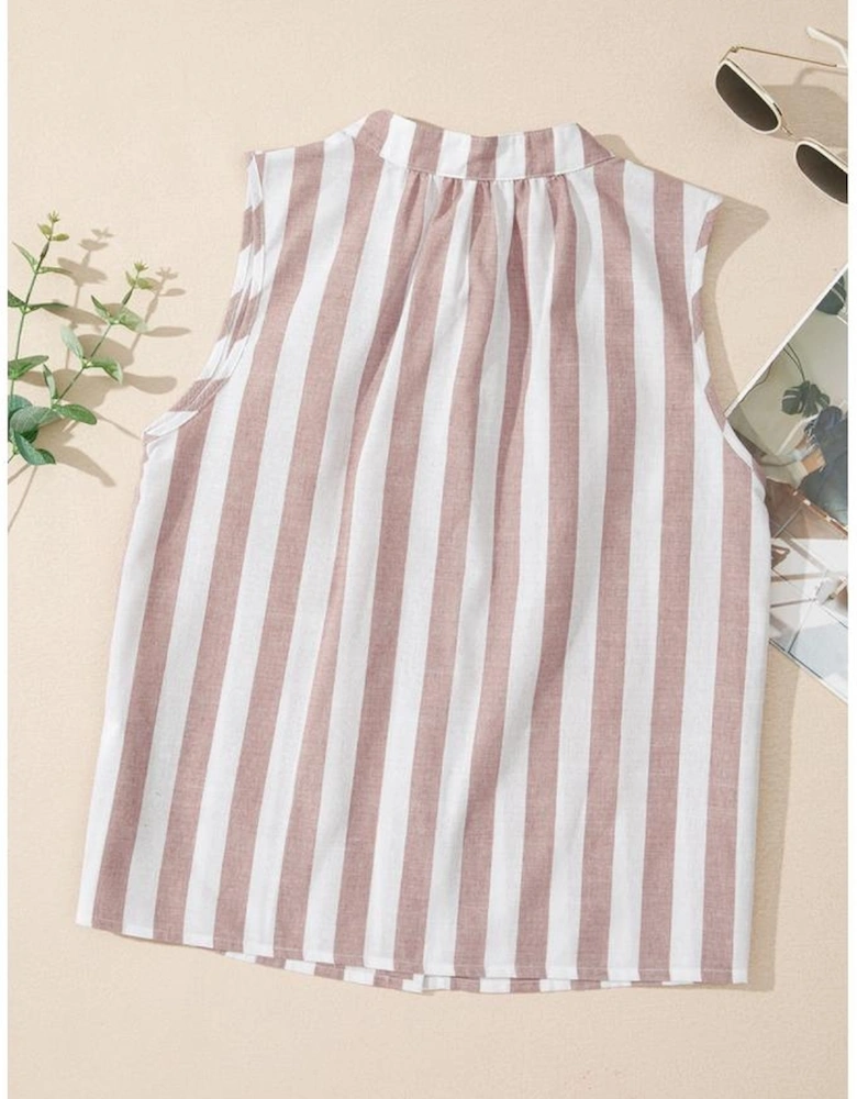 Khaki Stripe Casual Button Down Sleeveless Shirt