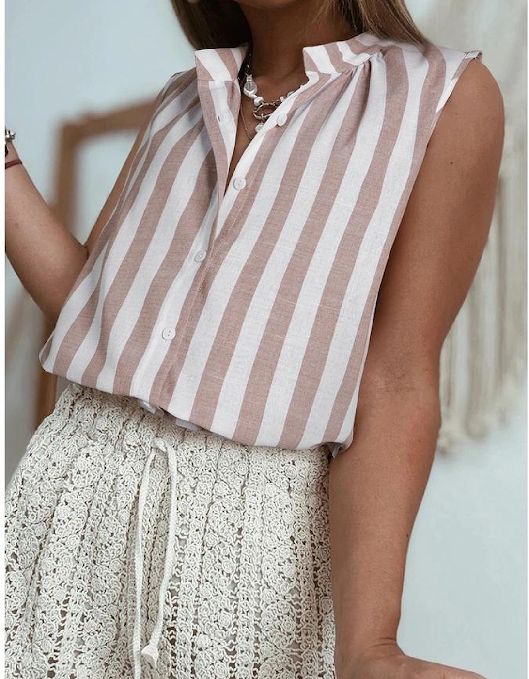 Khaki Stripe Casual Button Down Sleeveless Shirt, 11 of 10