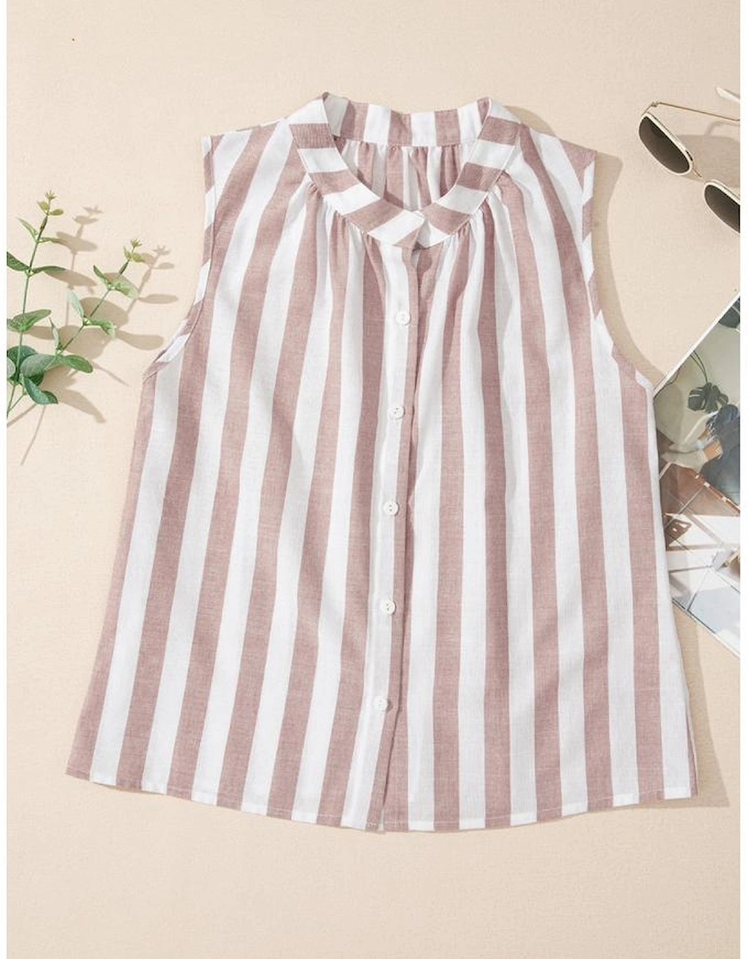 Khaki Stripe Casual Button Down Sleeveless Shirt