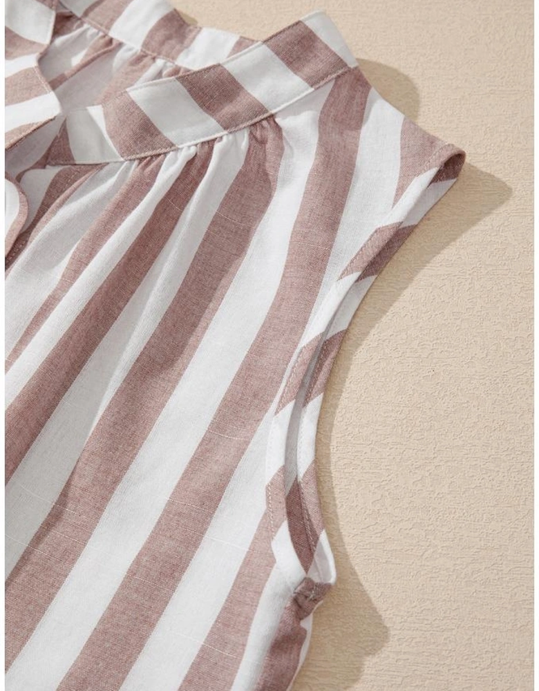 Khaki Stripe Casual Button Down Sleeveless Shirt