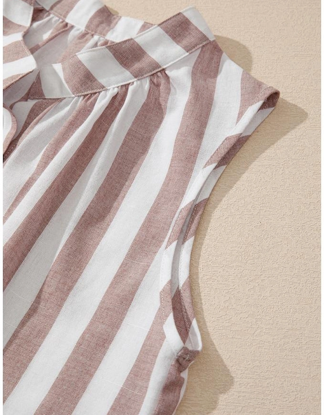 Khaki Stripe Casual Button Down Sleeveless Shirt