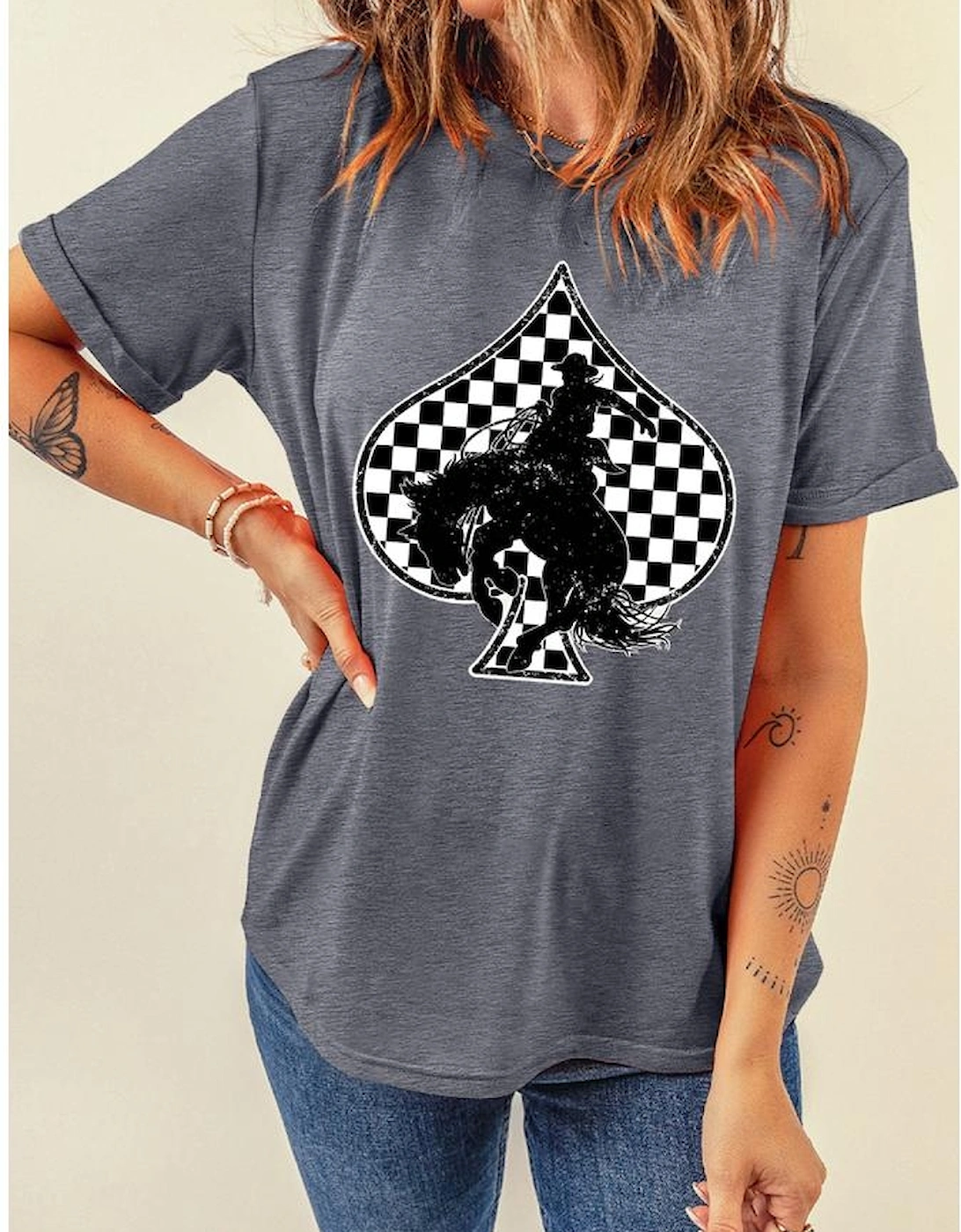 Gray Redeo Check Spades Western Graphic T Shirt