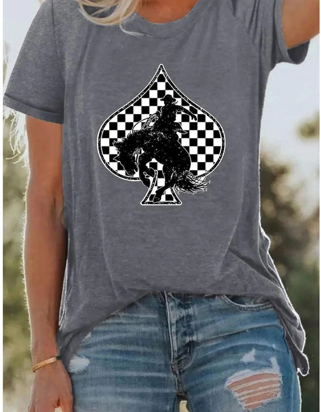 Gray Redeo Check Spades Western Graphic T Shirt