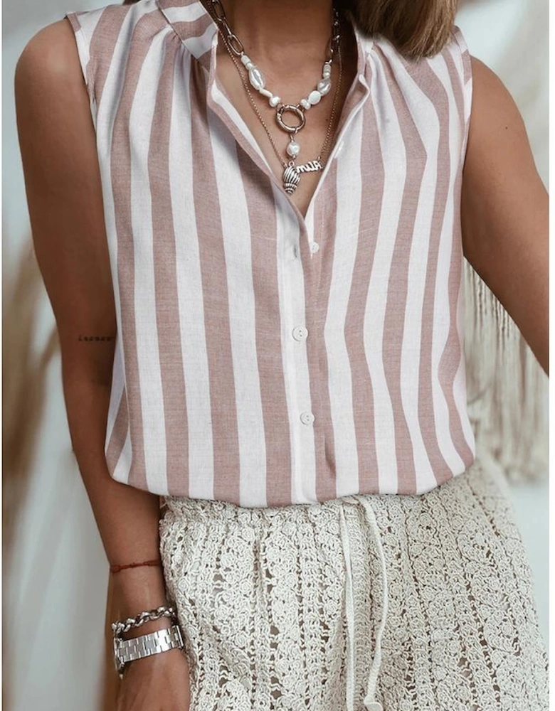 Khaki Stripe Casual Button Down Sleeveless Shirt
