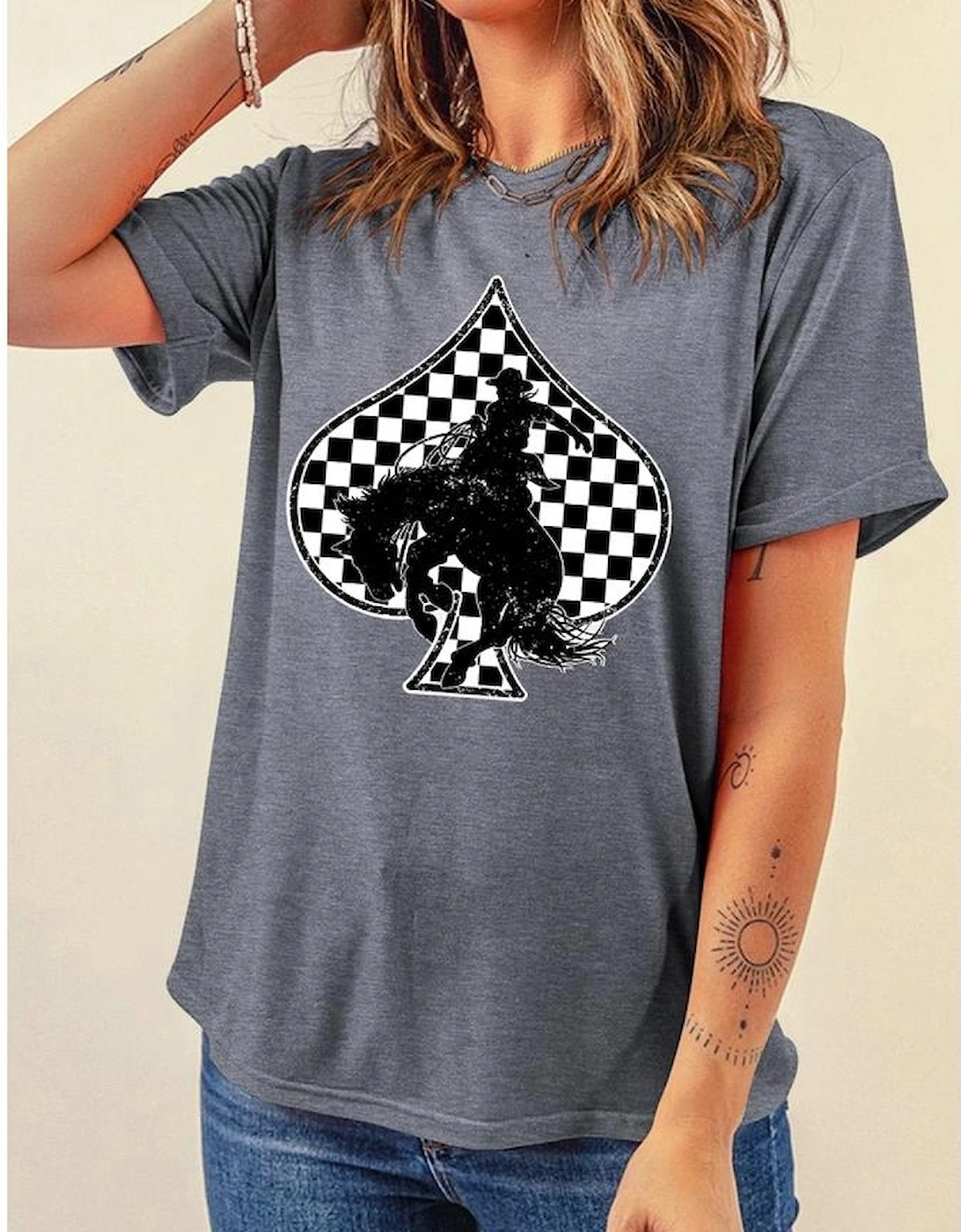 Gray Redeo Check Spades Western Graphic T Shirt