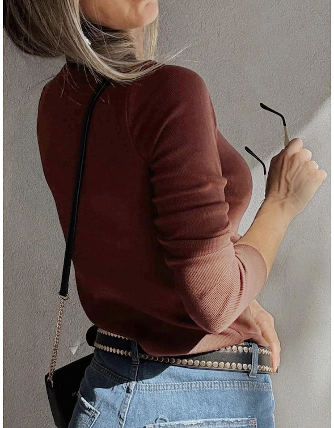 Burgundy Gathered Bust Square Neck Ribbed Fit Long Sleeve Top, 6 of 5