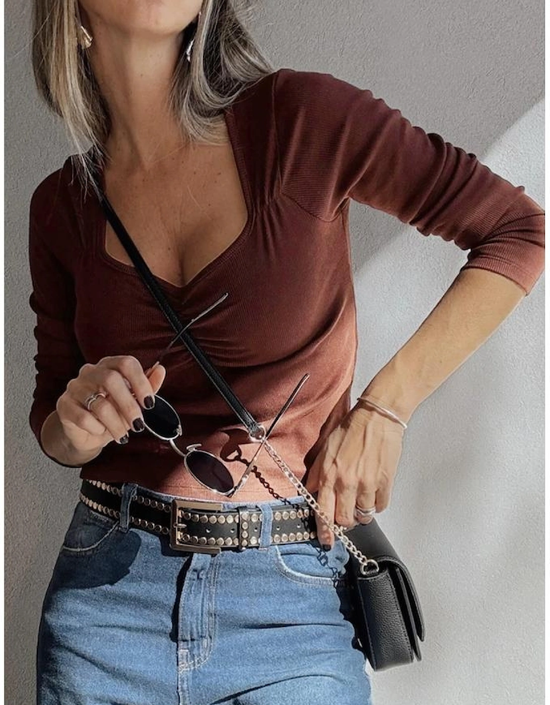 Burgundy Gathered Bust Square Neck Ribbed Fit Long Sleeve Top