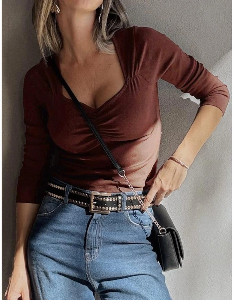 Burgundy Gathered Bust Square Neck Ribbed Fit Long Sleeve Top