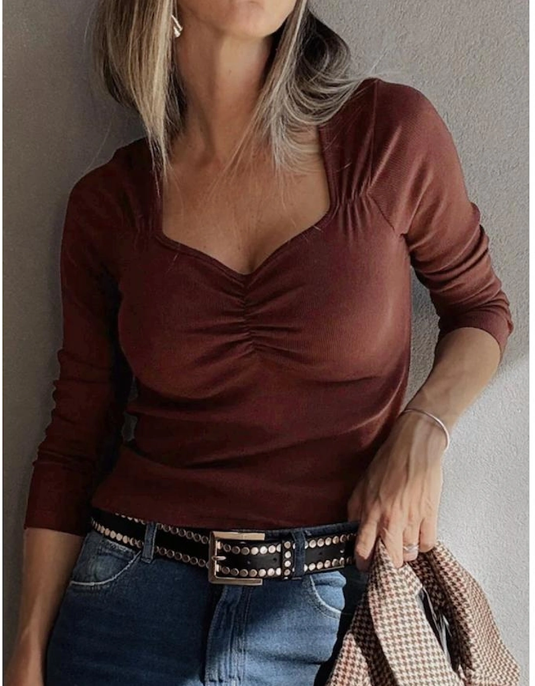 Burgundy Gathered Bust Square Neck Ribbed Fit Long Sleeve Top