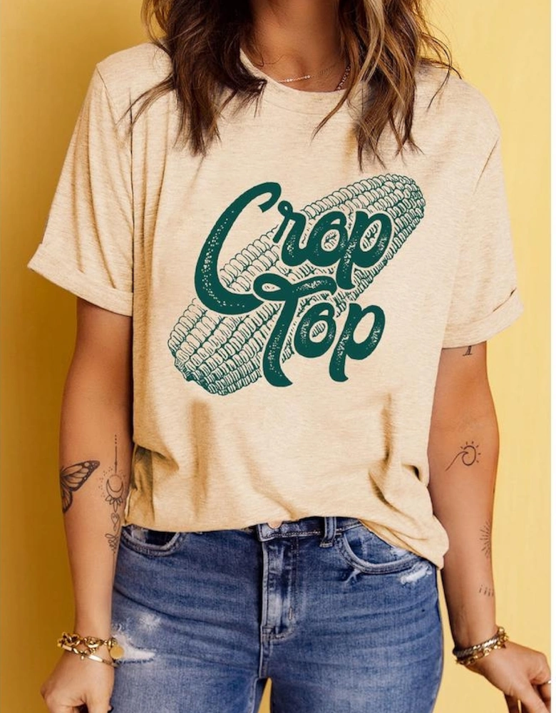 Khaki Corn Crop Top Graphic Tee