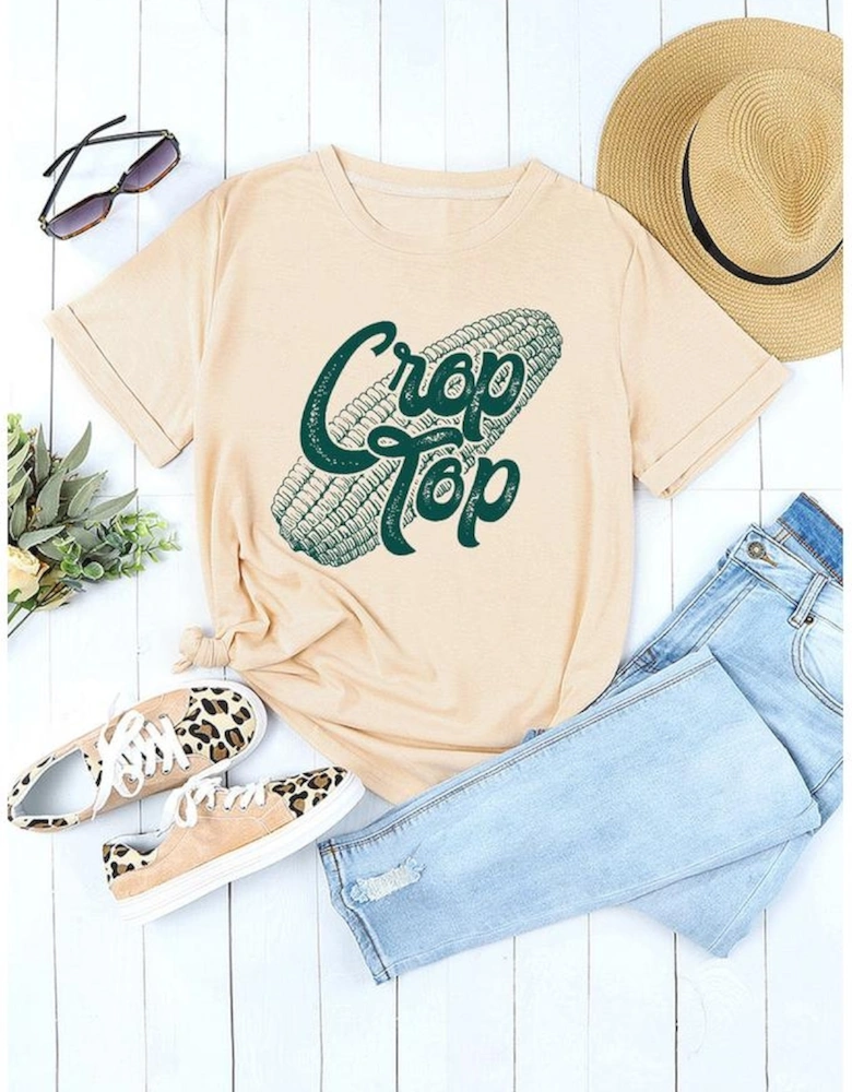 Khaki Corn Crop Top Graphic Tee