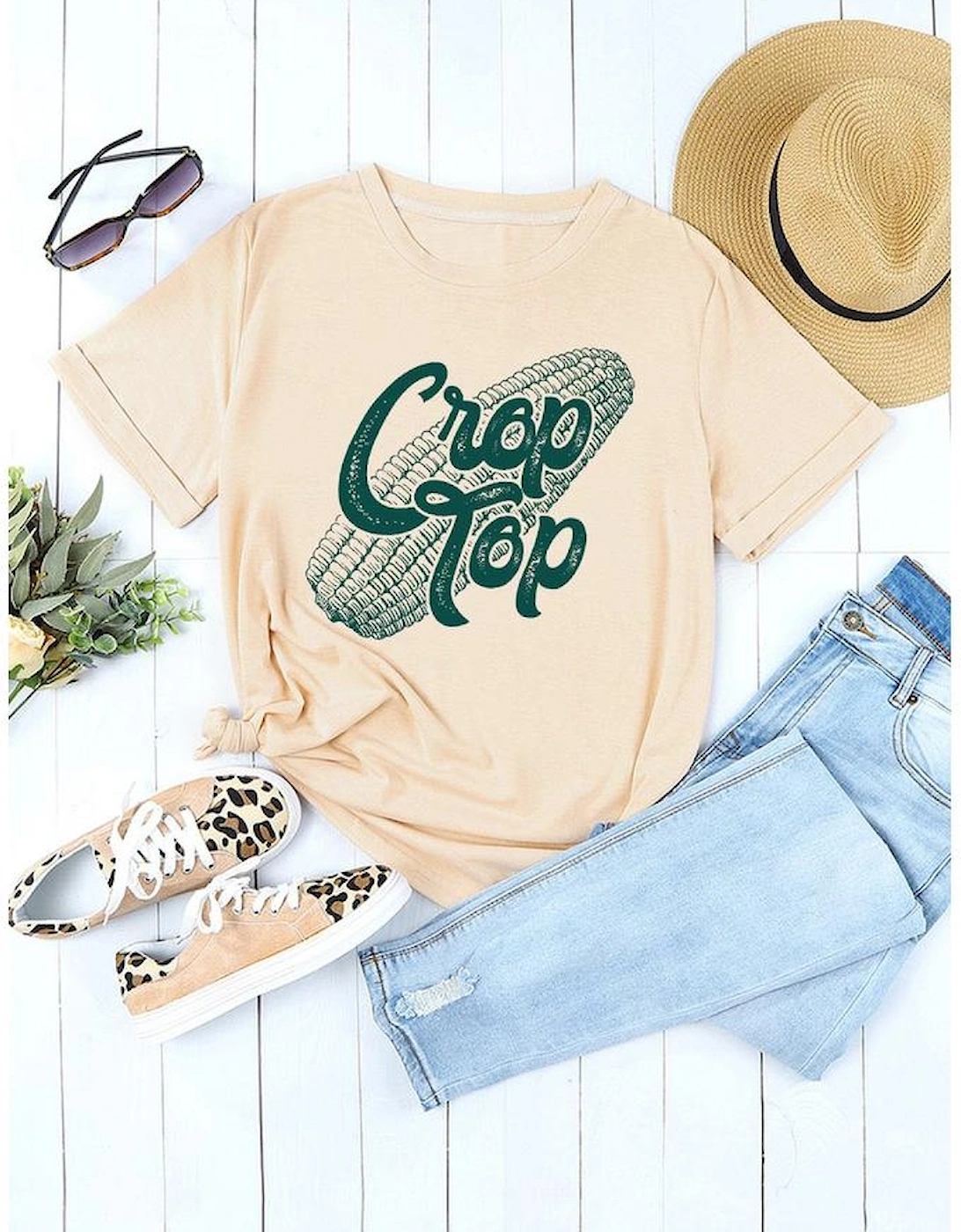 Khaki Corn Crop Top Graphic Tee