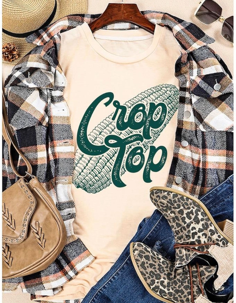 Khaki Corn Crop Top Graphic Tee